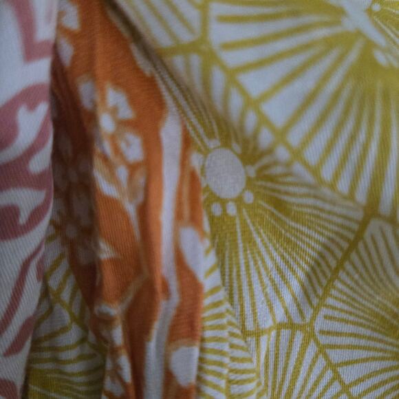 Olivaceous Patchwork Palazzo Print Pants Orange Yellow Rayon Wide Flare Medium - Picture 9 of 13